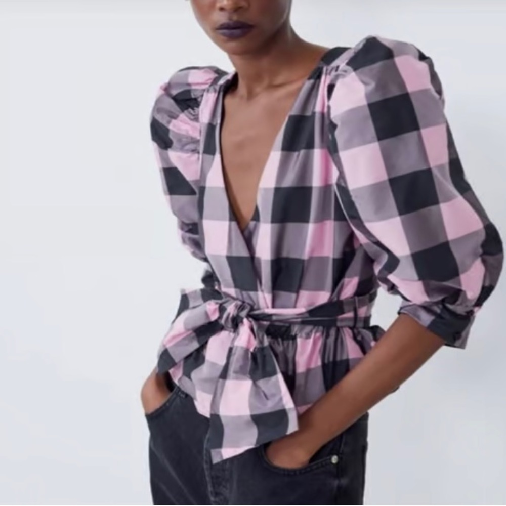 Zara gingham taffeta blouse nwt